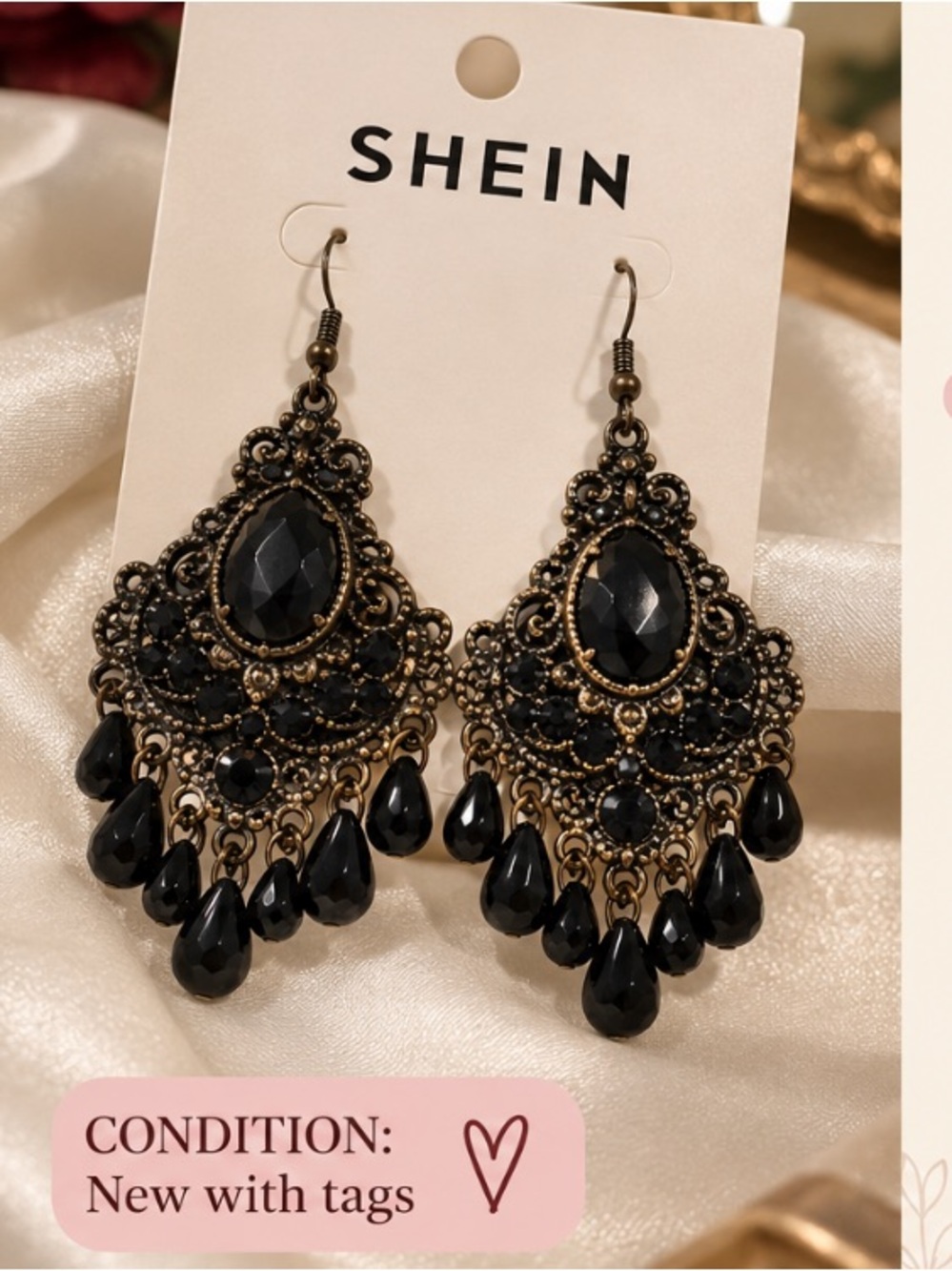 SHEIN Black Filigree Teardrop Dangle Earrings